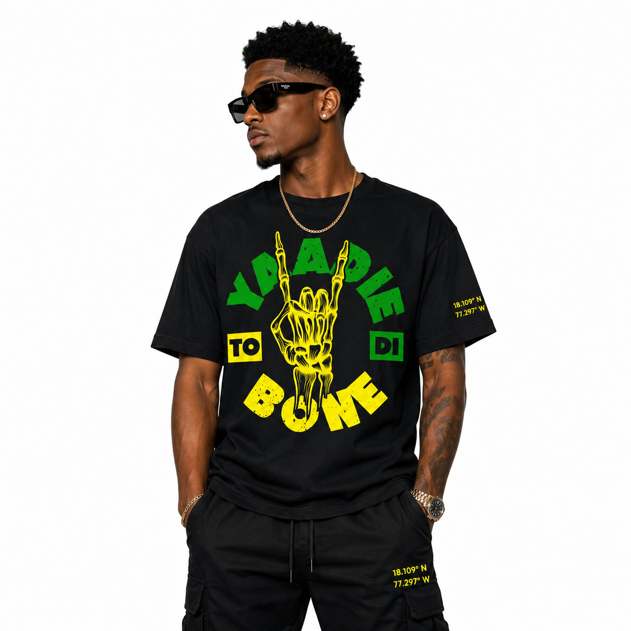 Yaadie to Di Bone Rock Skeleton Hand Graphic Tee